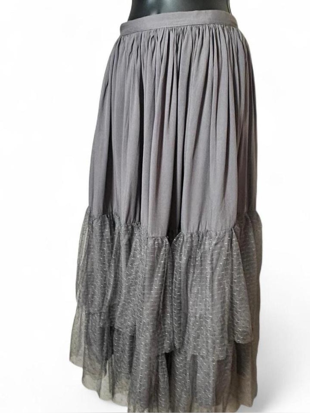 NWT‎ Boho Gray Maxi Skirt with Lace Tiers